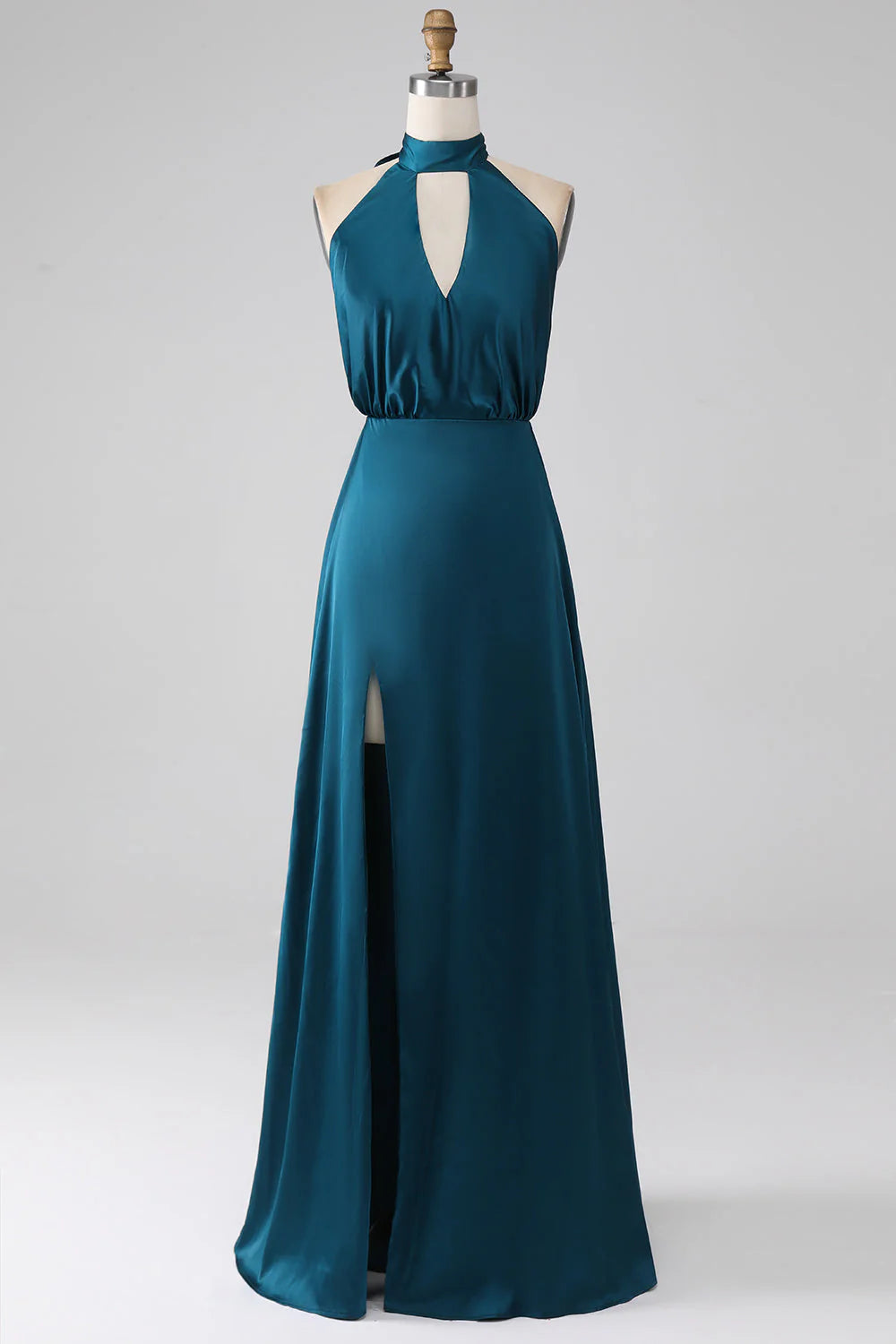 Vestido largo de dama de honor con escote halter, corte A y abertura